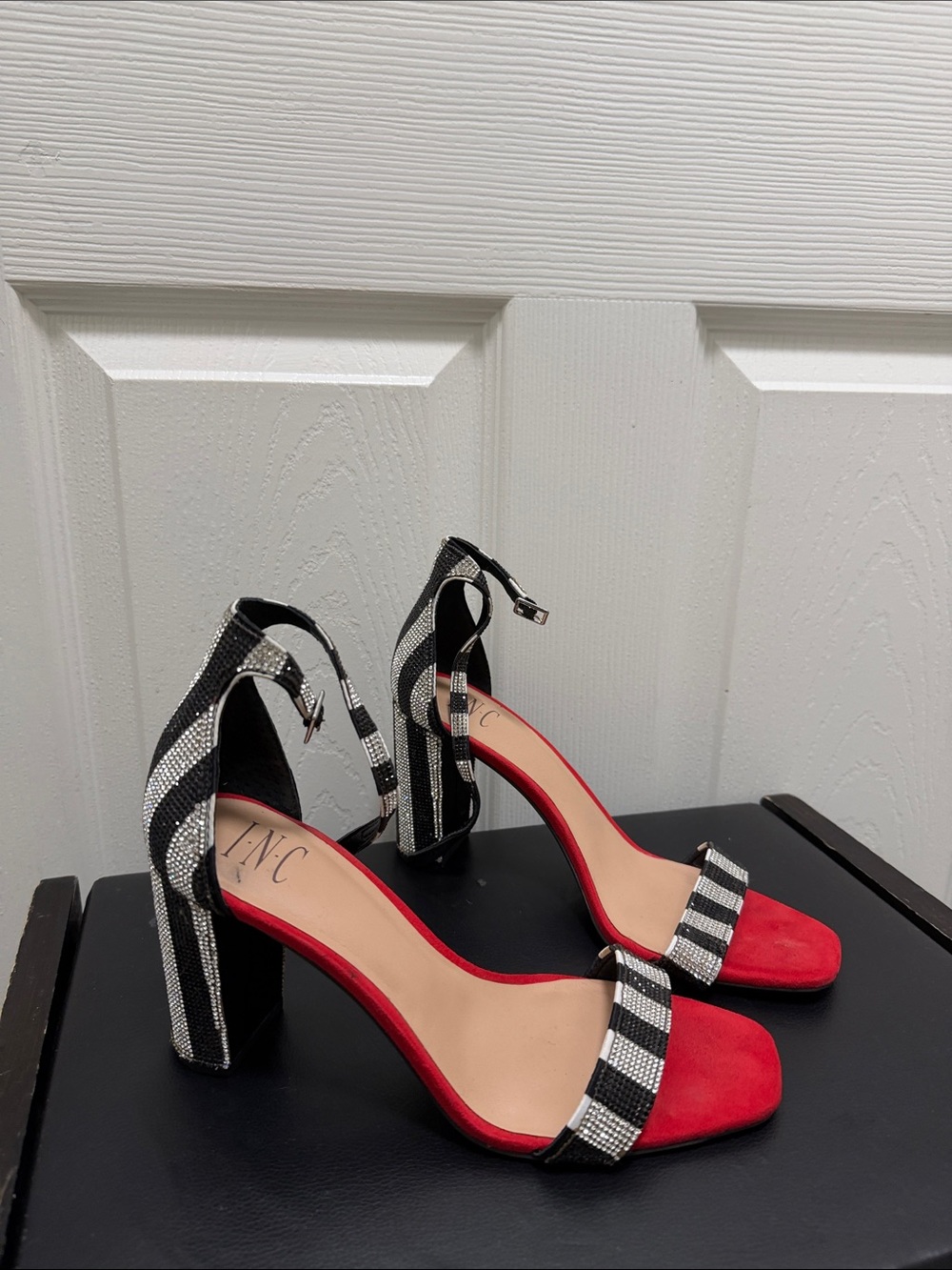 INC International Concepts Black & White Striped Block Heel Sandals with Red Toe